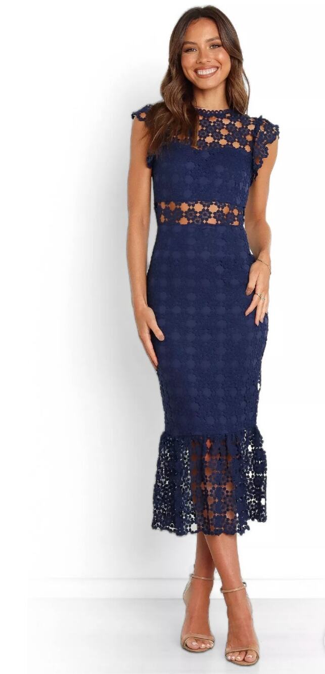 Petal & Pup Lauren Lace Overlay Navy Blue Floral Women's Crochet Midi Dress - 6